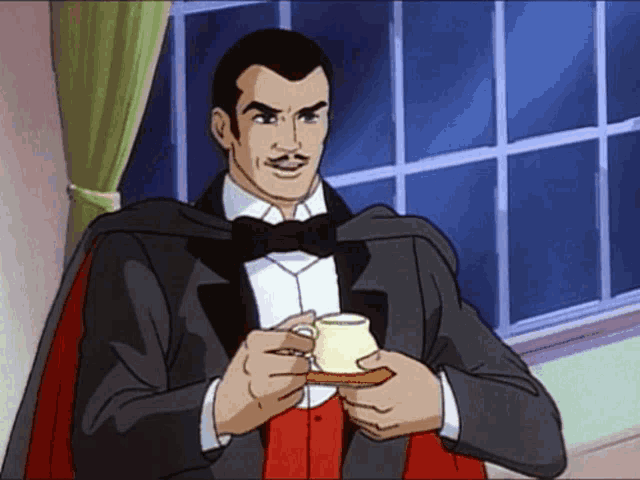 a cartoon of a man in a tuxedo drinking a cup of coffee