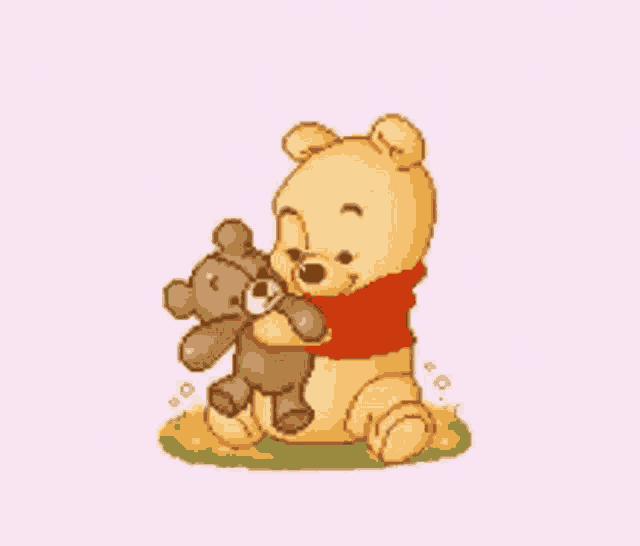 a pixel art of winnie the pooh hugging a teddy bear .