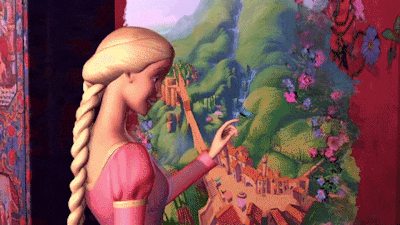a barbie doll is touching a painting of a village