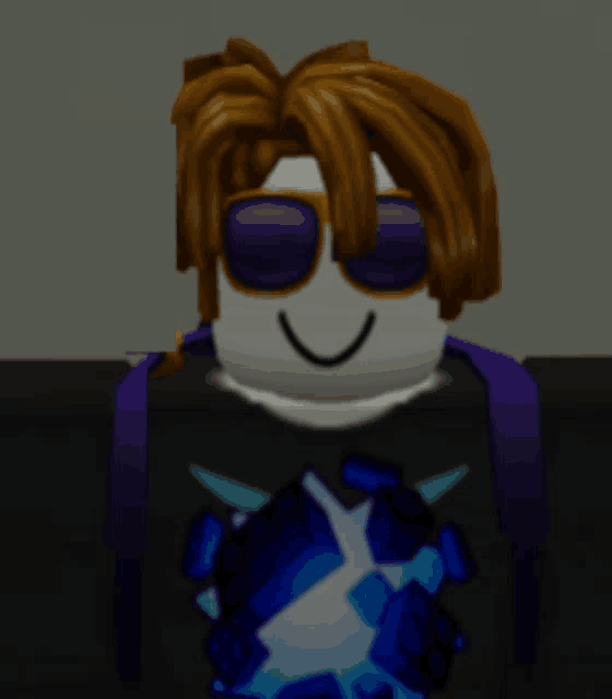 a cartoon character wearing sunglasses and a purple shirt is smiling