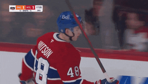a hockey player with the number 48 on his jersey is holding a hockey stick