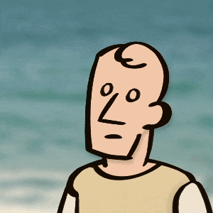 a cartoon drawing of a man with a bald head and a white shirt standing in front of the ocean