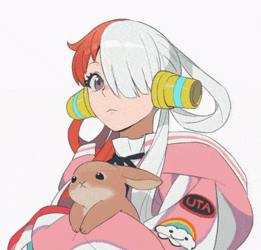 a drawing of a girl holding a bunny with the word uta on her jacket