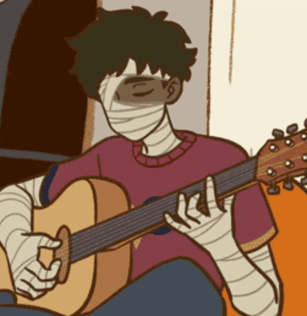 a cartoon character with bandages on his face is playing a guitar