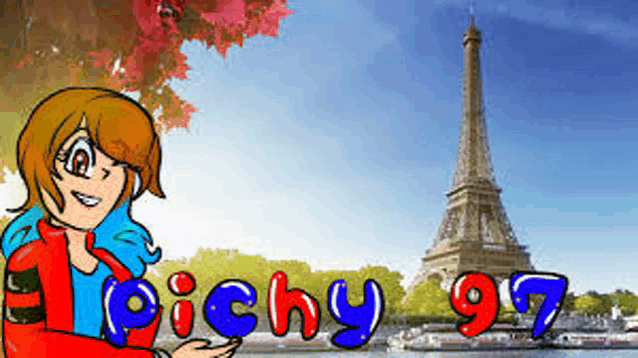a cartoon of a girl standing in front of the eiffel tower with the name pichy 97