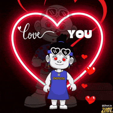 a cartoon character is standing in front of a heart with the words love you written on it