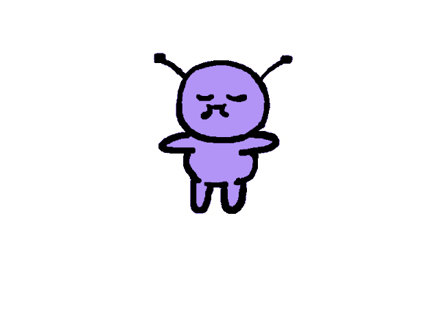 a cartoon drawing of a purple bug with eyes closed and antennas