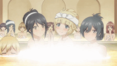 a group of anime girls are taking a bath in a bathtub