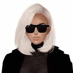 a woman with white hair wearing sunglasses and a black turtleneck .