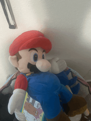 a stuffed mario holding a book with a picture of animals on it