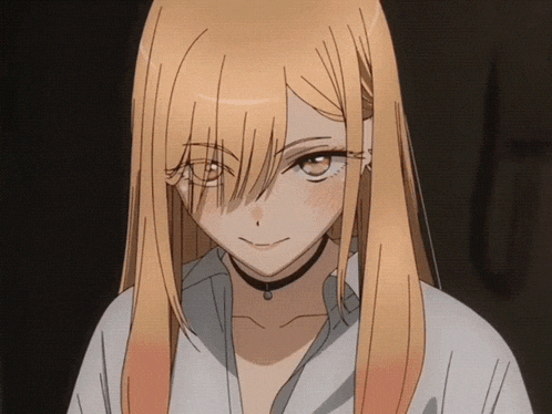 a close up of a girl with long blonde hair and a choker around her neck