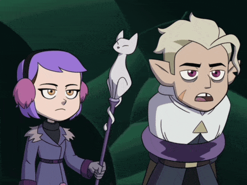 a boy and a girl are standing next to each other and the girl has purple hair