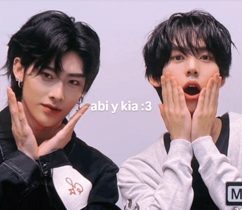 two young men making funny faces with the words abi y kia : 3