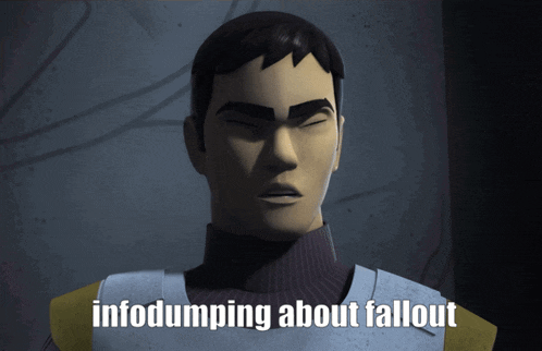 a cartoon character is talking about fallout