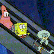 spongebob patrick and squidward are riding an escalator together