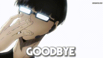 a man wearing glasses is covering his face with his hand and the words goodbye are on the bottom