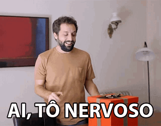 a man with a beard is opening a gift box with the words ai to nervoso above him