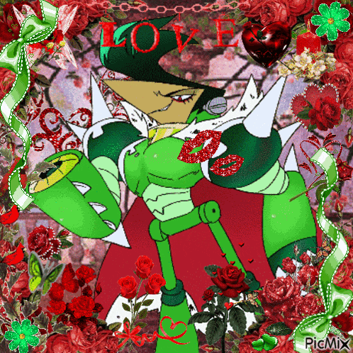 a picture of a cartoon character surrounded by red roses with the word love on it