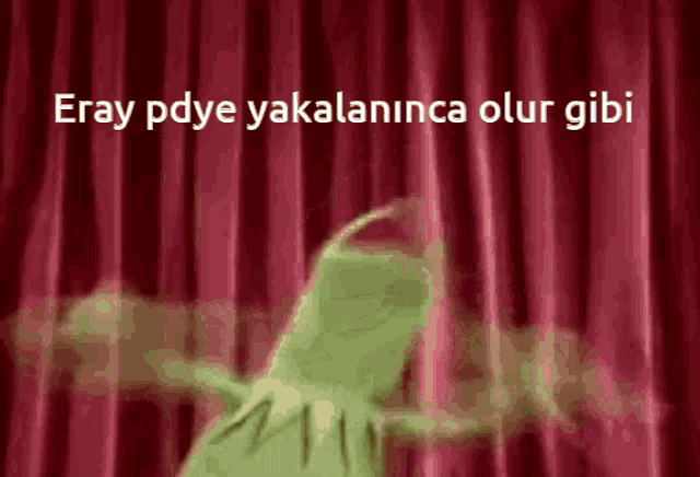 kermit the frog is dancing in front of a red curtain with the words eray pdye yakalaninca olur gibi