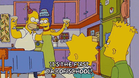 homer simpson says it 's the first day of school while bart simpson looks on
