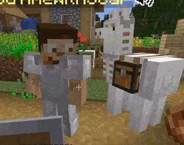 a man is standing next to a llama in a minecraft game .