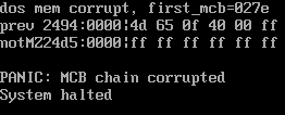 a black screen with white text that says " panic mcb chain corrupted system halted "