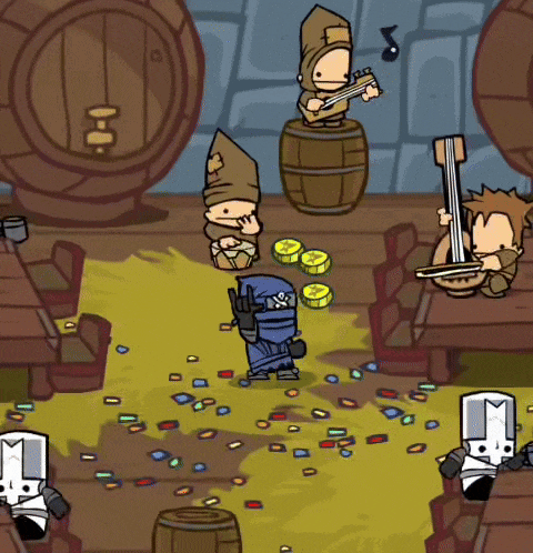a group of cartoon characters are playing a game with barrels and coins in the background
