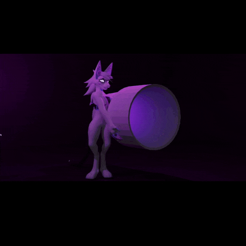a furry character is standing next to a purple barrel with purple liquid pouring out of it