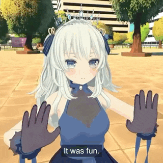 a girl in a blue dress and black gloves is standing in a park with her hands up .