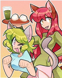 a cartoon drawing of a cat and a girl