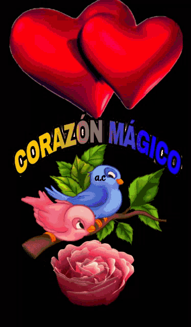 a couple of birds sitting on a branch with the words corazon magico