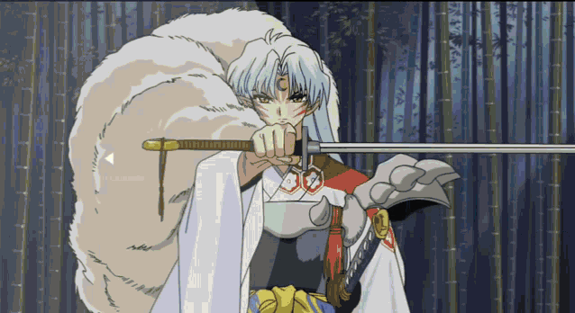 a cartoon of a man holding a sword in front of a forest