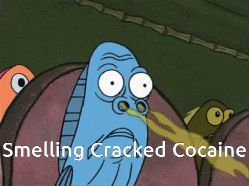 a cartoon of a fish with the words " smelling cracked cocaine " below it