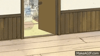 a cartoon drawing of a room with a wooden floor and a door open