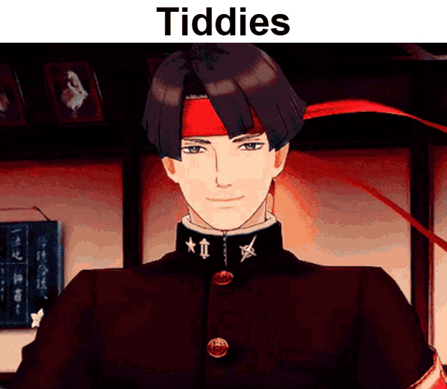 a man with a red headband and the word tiddies on top
