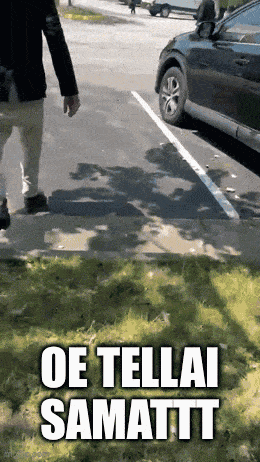 a man walking down a sidewalk next to a car with the words oe tellai samatt written on the grass