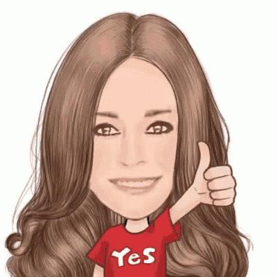 a cartoon of a woman wearing a red shirt that says yes giving a thumbs up .