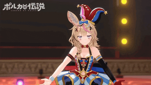 a video game character is wearing a jester hat and dress