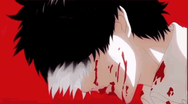 a close up of a person 's face with blood coming out of it and a red background .