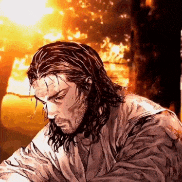 a drawing of a man with long hair and a beard with a fire in the background