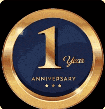 a blue and gold anniversary badge with the number 1