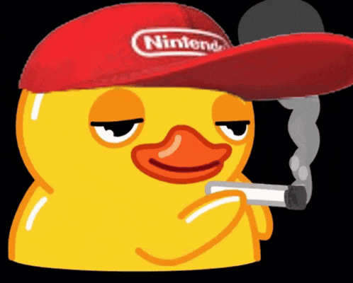 a yellow duck wearing a red hat that says nintendo smoking a cigarette
