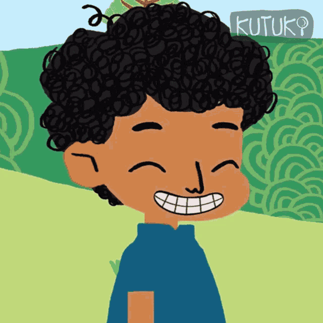 a cartoon drawing of a boy with curly hair and the word kutuk on the bottom right