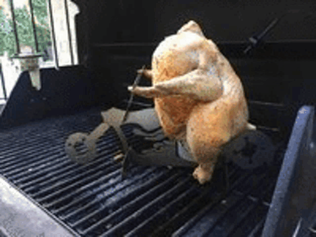 a chicken is being cooked on a grill with a motorcycle shaped holder .