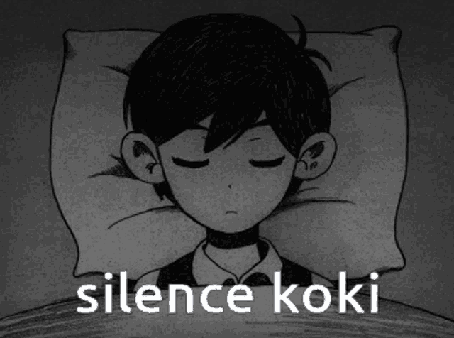 a black and white drawing of a boy laying in bed with the words silence koki below him