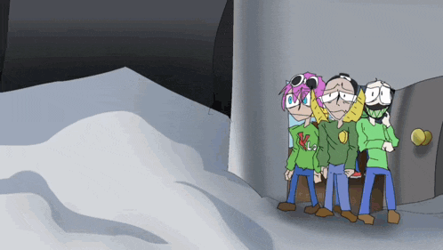 a group of cartoon characters standing next to each other with one wearing a green sweater that says n.l.m.