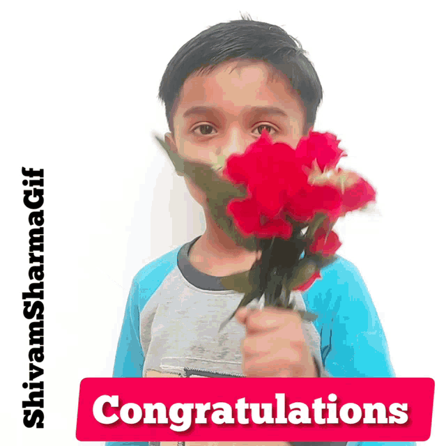 a young boy is holding a bouquet of red flowers in front of his face with a congratulations sign below him