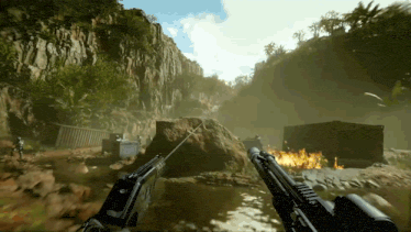 a person holding a gun in a video game with a building on fire in the background