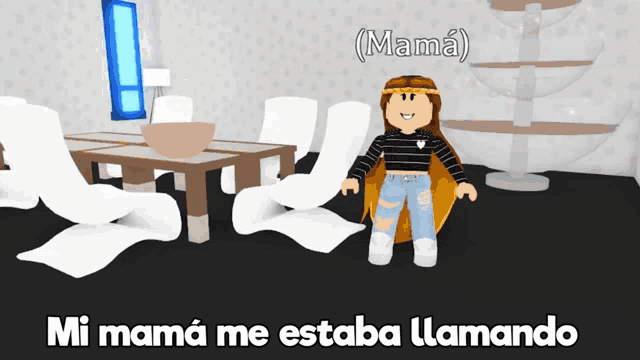 a girl in a black and white striped shirt is standing in front of a pile of paper towels and says mama