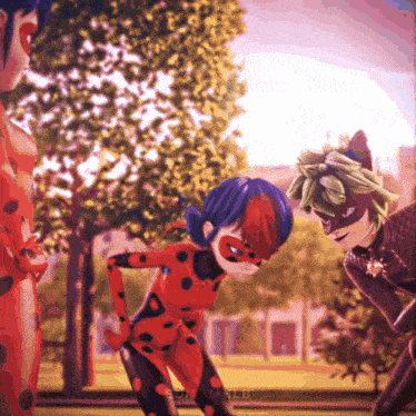 a ladybug and cat noir are standing next to each other in a park